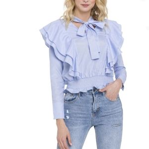 English Factory Ruffle Long Sleeve Blouse Blue Stripe Size S